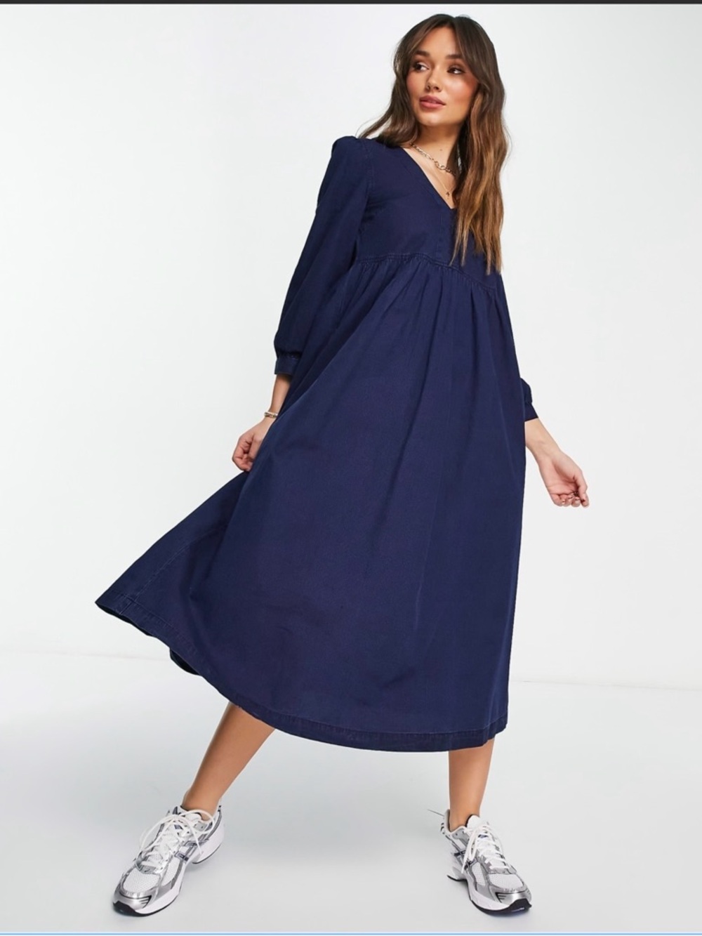 Madewell Babydoll Navy V-Neck Long-Sleeve Denim Midi Dress XXL
